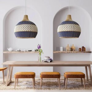 Blue Rattan Pendant Light Handmade Unique Round Lamps Luminatura (2)