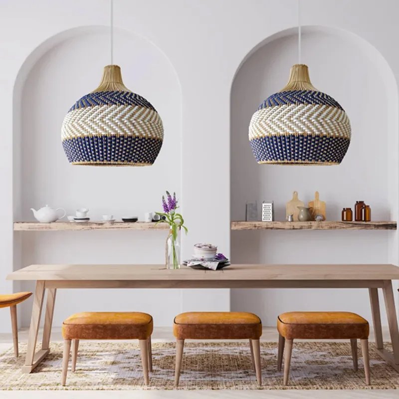 Blue Rattan Pendant Light Handmade Unique Round Lamps Luminatura (2)